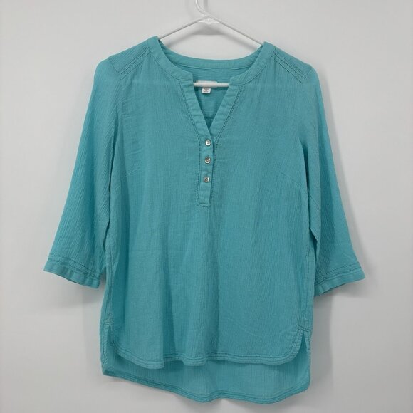 J. Jill Tops - J. Jill 3/4 Sleeve Turquoise‎ Blue Hi Low Shirt Womens Size Petite XS Cotton